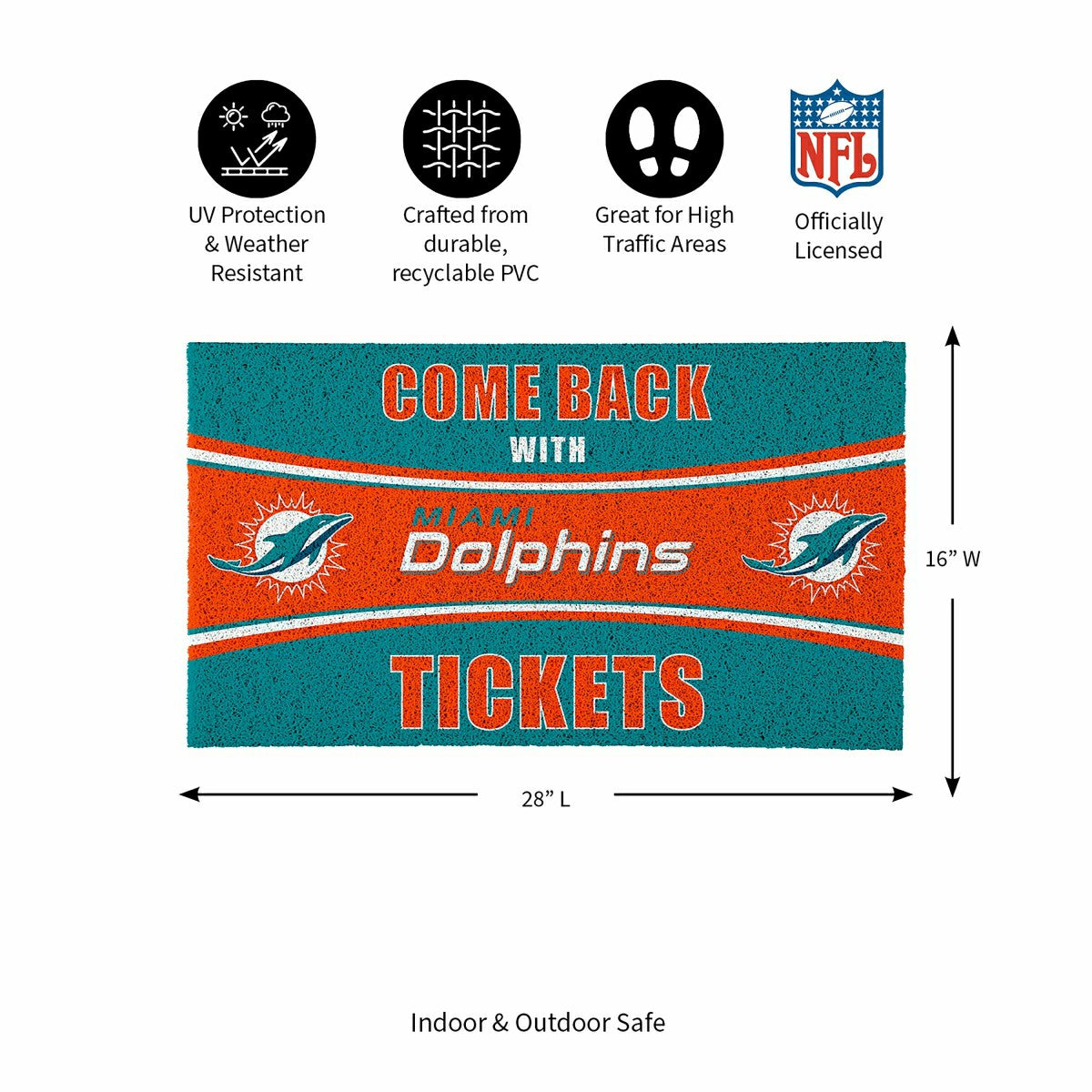 Team Sports America Value - 28" x 16" PVC Trapper Mat, Come Back with Tickets, Miami Dolphins