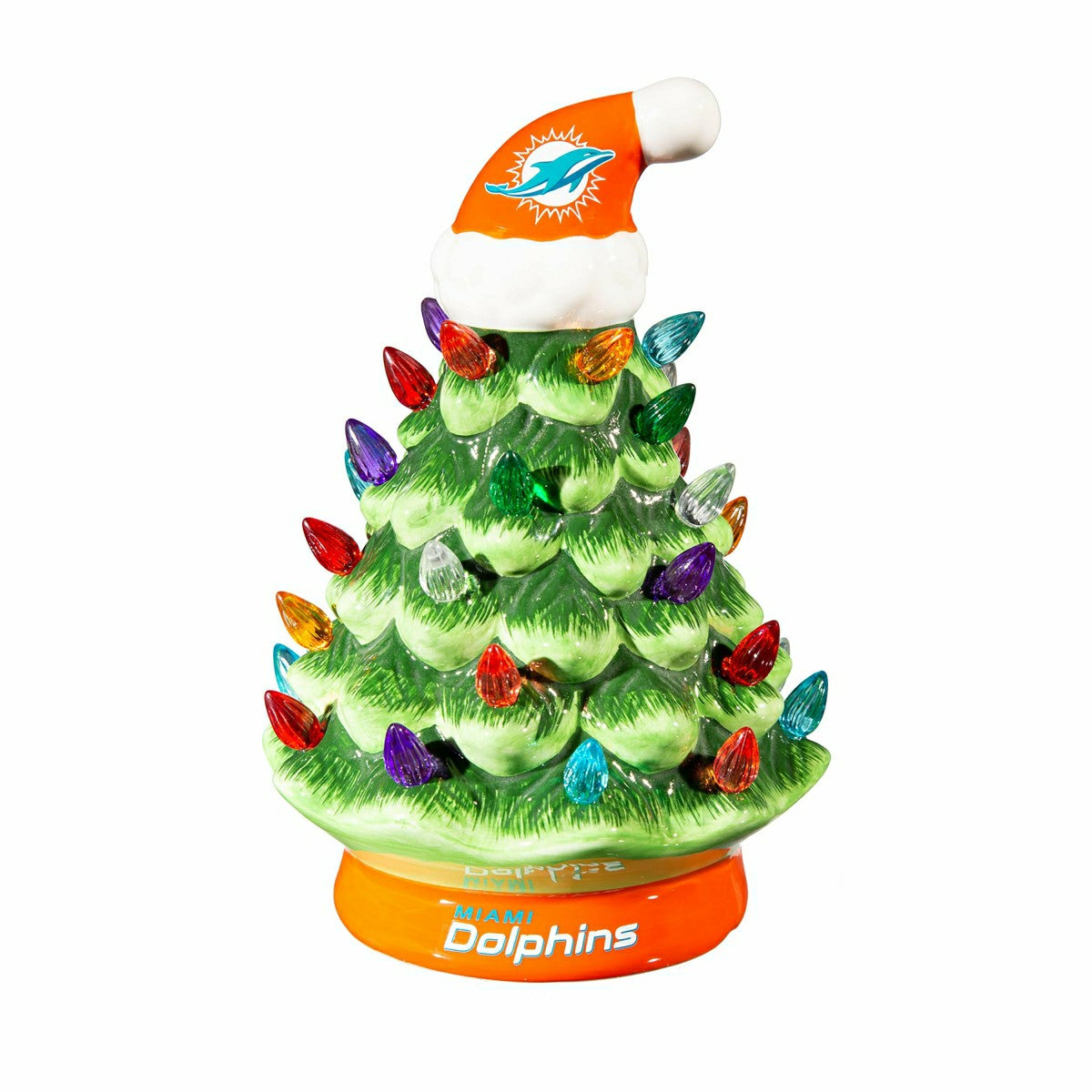 Team Sports America Recommended - 8" LED Ceramic Christmas Tree, Miami Dolphins