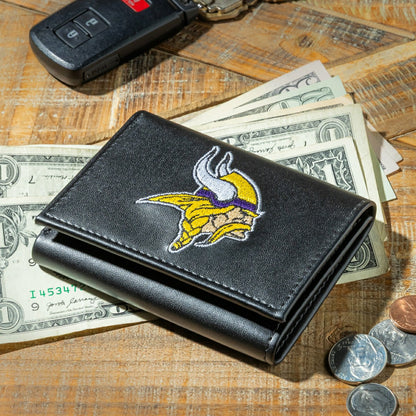 Team Sports America Exclusive - Minnesota Vikings Black Tri-Fold Embroidered Wallet w/ RFID Blocking