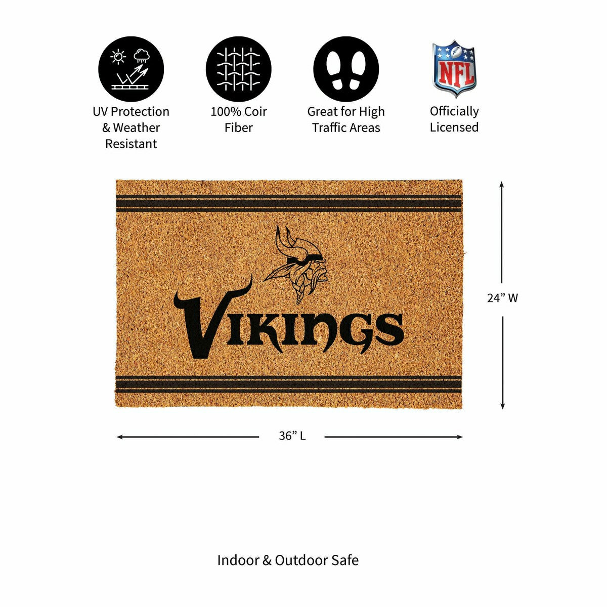Team Sports America Essential - Minnesota Vikings Large One Color Coir Mat, 36"x24"