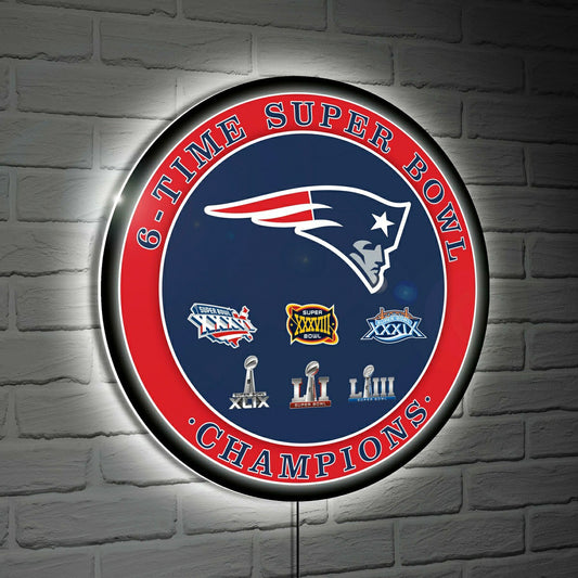 Team Sports America Best Seller - New England Patriots 4X Superbowl Champions Football Round LED Wall De