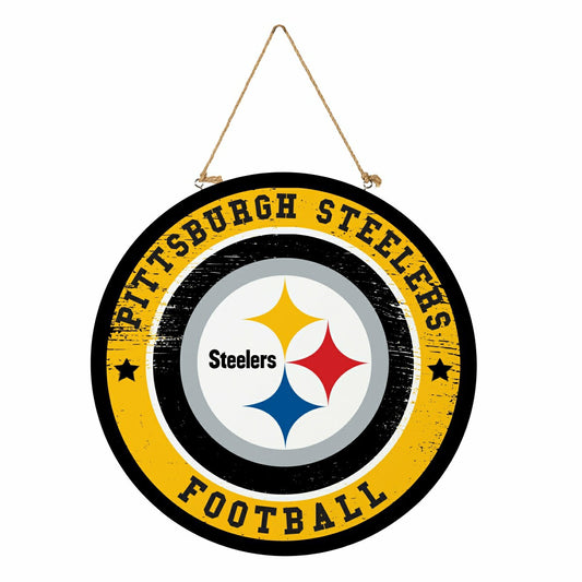 Team Sports America Recommended - Pittsburgh Steelers Round Door Décor with Hanging Rope, 18x18