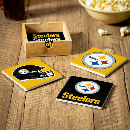 Team Sports America Recommended - Pittsburgh Steelers Ceramic Coasters Set, 4pcs with Wood Caddy