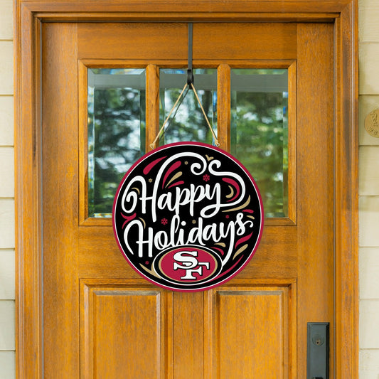 Team Sports America Recommended - San Francisco 49ers Holiday Round Door Décor with Hanging Rope, 18x18