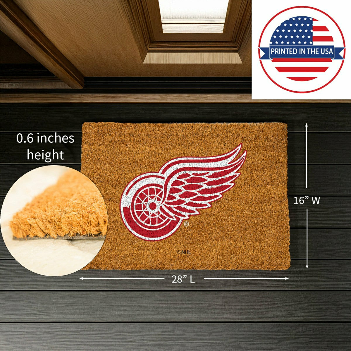 Team Sports America Everyday - Coir Mat, 16"x28", Detroit Red Wings