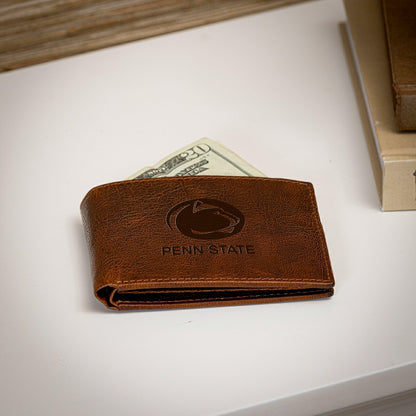 Team Sports America Classic - Penn State, Embossed 100% Genuine Tumbled Leather Passcase Bi-Fold Wal
