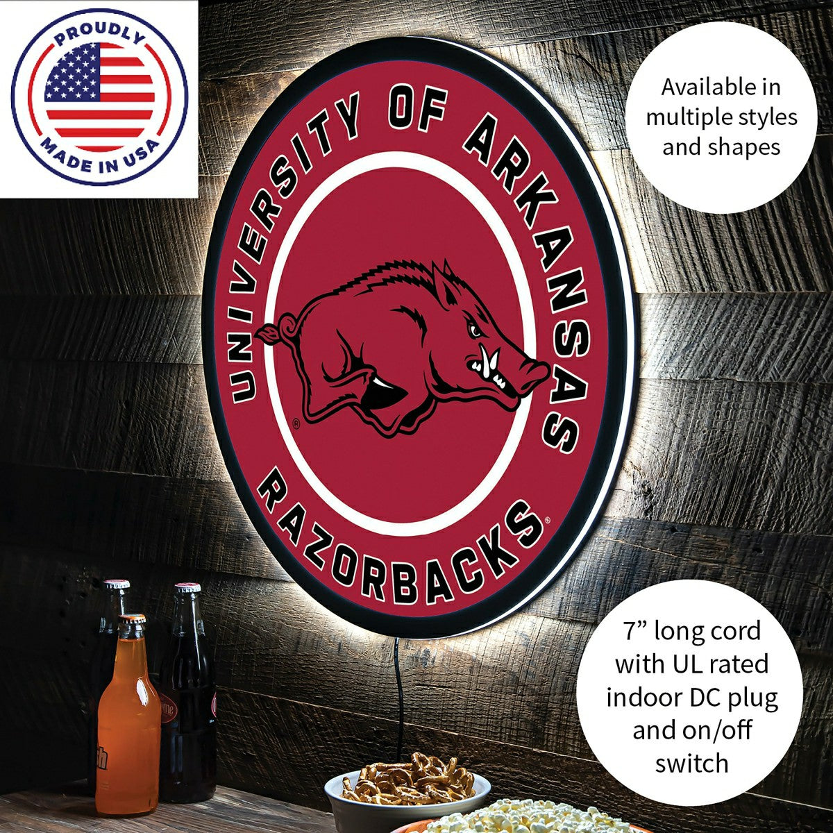 Team Sports America Value - LED Wall Decor, Round, University of Arkansas