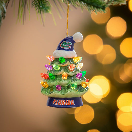 Team Sports America Trending - 4" LED Ceramic Christmas Tree Ornament with Team Santa Hat, University