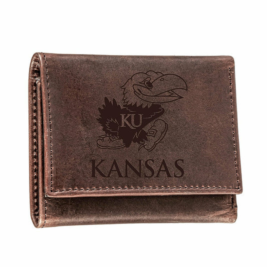 Team Sports America Essential - University of Kansas, Tri-Fold Wallet, Brown, CH, 100% Genuine Leather