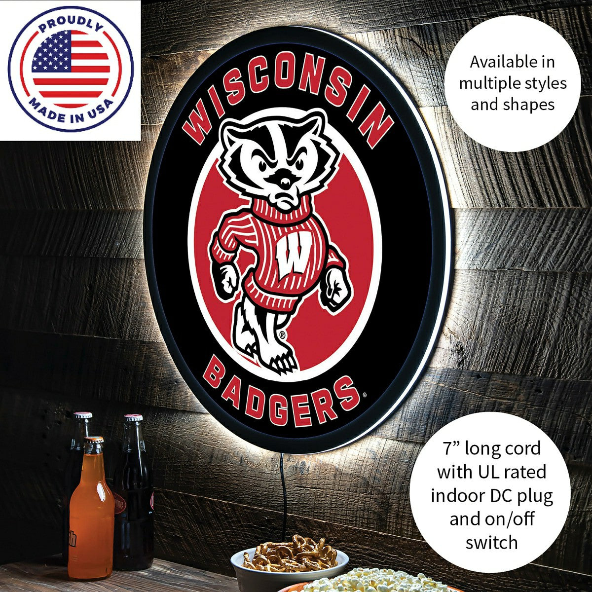 Team Sports America Classic - LED Wall Decor, Round, University of Wisconsin-Madison