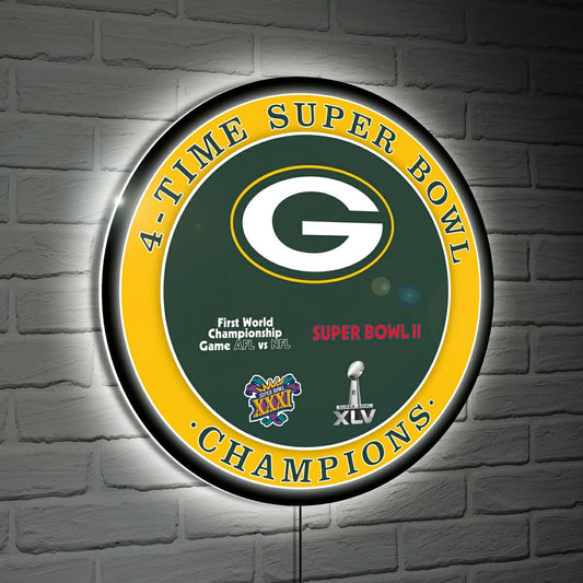 Team Sports America Trending - Green Bay Packers 4X Superbowl Champions Football Round LED Wall Decor