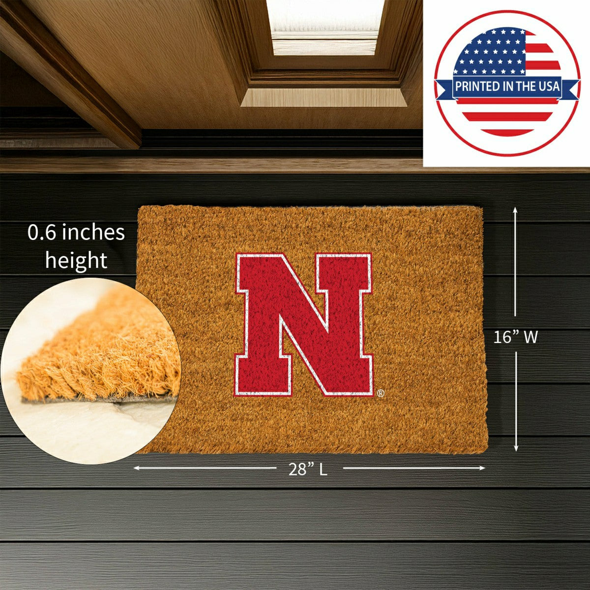 Team Sports America Classic - Coir Mat, 16"x28", University of Nebraska
